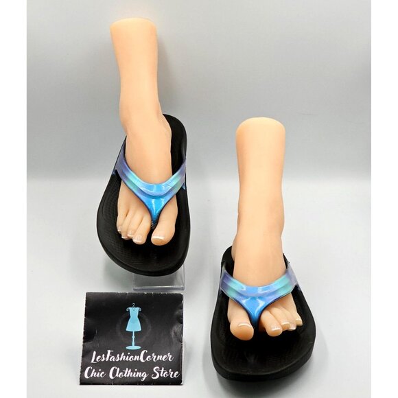 Oofos Women's Iridescent Black & Blue Oolala Luxe Flip Flops Size W10 2831 - Picture 3 of 16